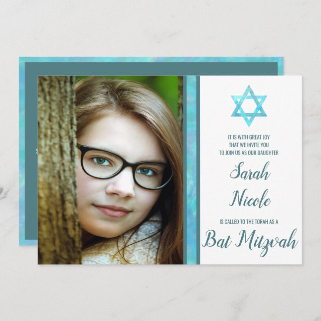 Convites Bat Mitzvah Blue Opal Modern Photo Chic Na moda (Frente/Verso)