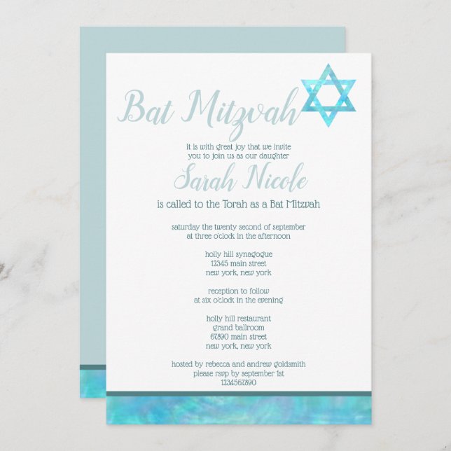 Convites Bat Mitzvah Blue Opal Watercolor Elegante (Frente/Verso)