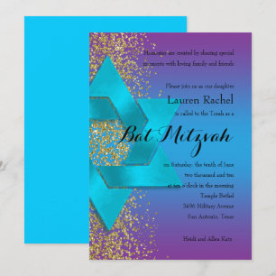 Convites Bat Mitzvah Blue Purple Ombre Faux Glitter Dourado