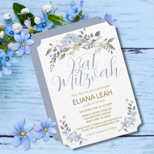 Convites Bat Mitzvah Blue Watercolor Floral