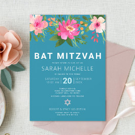 Convites Bat Mitzvah Blue Watercolor Floral Moderno Simples