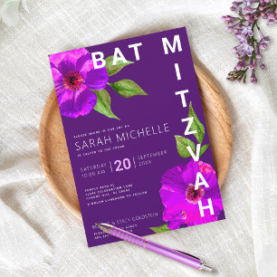 Convites Bat Mitzvah Bold Modern Purple Floral Watercolor