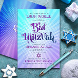 Convites Bat Mitzvah Bold Retro Boho Blue Roxo Gradiente<br><div class="desc">Tenha orgulho, alegria e mostre este marco do seu Bat Mitzvah favorito com este divertido convite personalizado! Típica divertida, moderna, arrojada, roxa e azul marinho com a tipografia sans serif moderna sobrepõe-se a um fundo de turquesa pop-luz e de raios quadrados roxos com pontos brancos. Nas costas, uma estrela branca...</div>