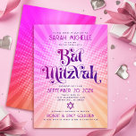Convites Bat Mitzvah Bold Retro Boho Gradiente Laranja Rosa<br><div class="desc">Tenha orgulho, alegria e mostre este marco do seu Bat Mitzvah favorito com este divertido convite personalizado! Diversão, tendências, ousada tipografia rosa-quente e roxa escura com a tipografia sans serif moderna sobrepõe-se a um fundo de raios laranja-claro-pop e verde-claro-cor-de-rosa com pontos brancos. No verso, uma estrela branca de David cobre...</div>
