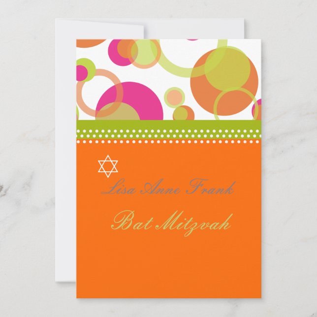 Convites Bat Mitzvah + Bolhas Mod/laranja/rosa choque (Frente)