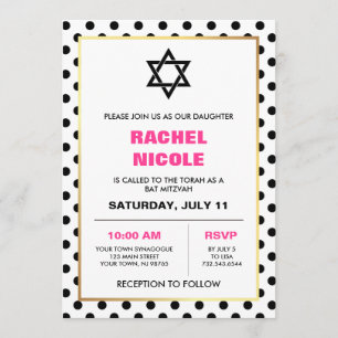 Convites Bat Mitzvah, Bolinhas Dourada e rosa, Chic Black