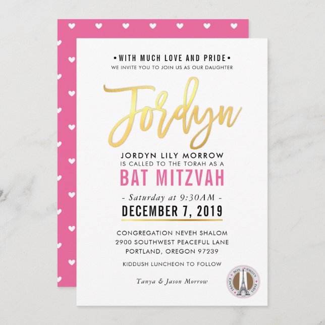 Convites BAT MITZVAH - bonito script de ouro rosa JORDYN (Frente/Verso)