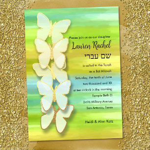 Convites Bat Mitzvah Borboleta Aquarela Azul Verde Amarelo