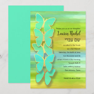 Convites Bat Mitzvah Borboleta Aquarela Azul Verde Amarelo