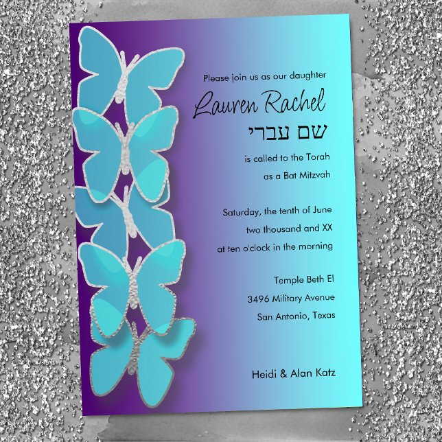 Convites Bat Mitzvah Borboleta Dimensional Turquesa Roxo (Criador carregado)