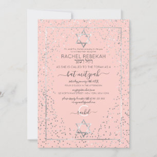 Convites Bat Mitzvah, Borda Confetti Glitter Rosa