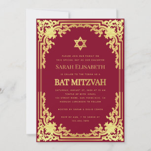 Convites Bat Mitzvah Borgonha Dourado Falso Vintage Religio