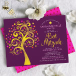 Convites Bat Mitzvah Burgundy - Árvore de Escrituras Ouro d<br><div class="desc">Tenha orgulho, alegria e mostre este marco do seu Bat Mitzvah favorito! Esta folha escura gráfica de folha de ouro com cor-de-rosa cintilante, laranja e Estrela vermelha de David e "folhas" de ponto sobre um fundo roxo rico é o convite perfeito para esta ocasião especial. Uma pequena estrela vermelha escura...</div>