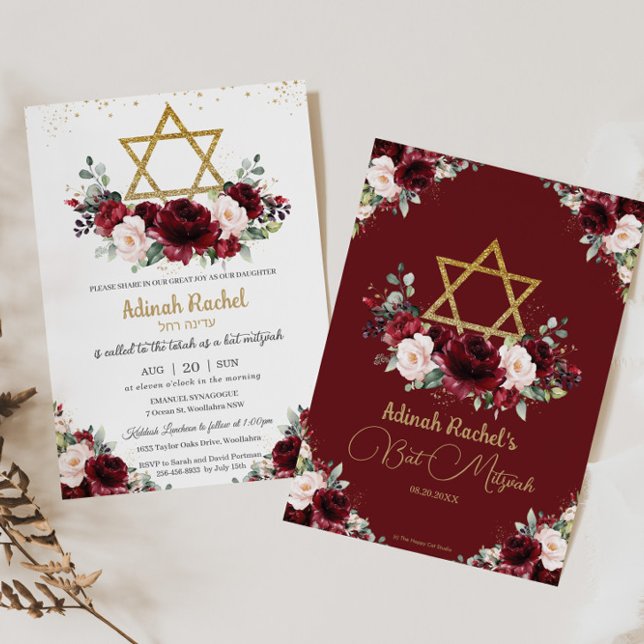 Convites Bat Mitzvah Burgundy Blush - Estrela Dourada Flora (Criador carregado)