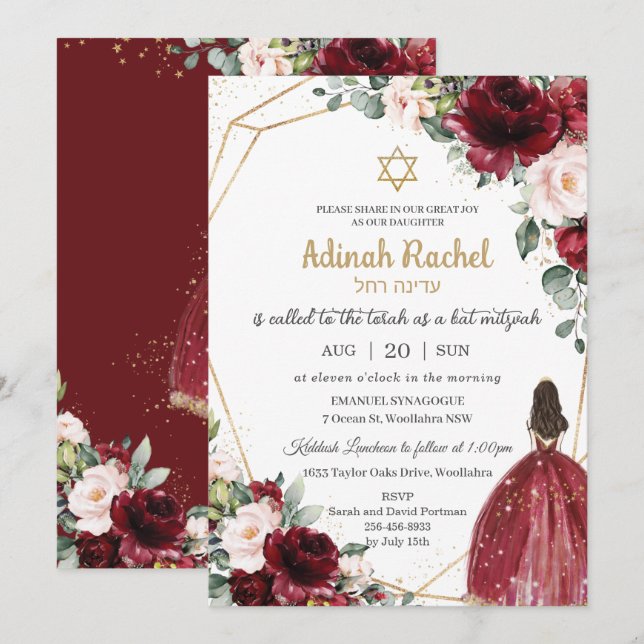Convites Bat Mitzvah Burgundy Blush Floral Dourada Princesa (Frente/Verso)