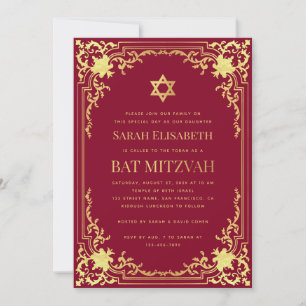 Convites Bat Mitzvah Burgundy Faux Dourado Vintage Religião