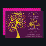 Convites Bat Mitzvah Burgundy Gold Foil Moderna Árvore de V<br><div class="desc">Tenha orgulho, alegria e mostre este marco do seu Bat Mitzvah favorito! Esta folha escura gráfica de folha de ouro com cor-de-rosa cintilante, laranja e Estrela vermelha de David e "folhas" de ponto sobre um fundo roxo rico é o convite perfeito para esta ocasião especial. Uma pequena estrela vermelha escura...</div>