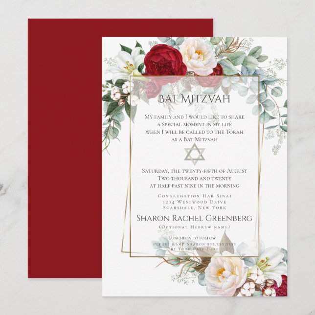 Convites BAT MITZVAH | Burgundy Peony Verse 1 (Frente/Verso)