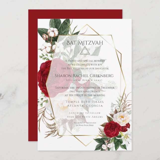 Convites BAT MITZVAH | Burgundy Peony Verse 2 (Frente/Verso)