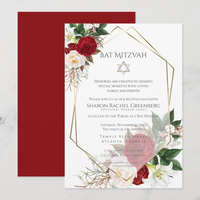 Convites BAT MITZVAH | Burgundy Peony Verse 3 (Frente/Verso)