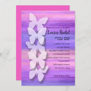 Convites Bat Mitzvah Butterfly Pink Puro Watercolor