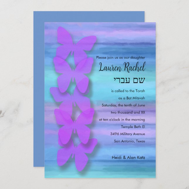 Convites Bat Mitzvah Butterfly Turquesa Purple Watercolor (Frente/Verso)