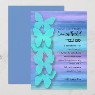 Convites Bat Mitzvah Butterfly Turquesa Purple Watercolor