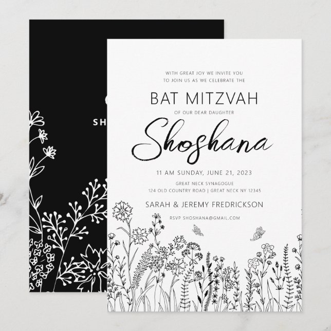 Convites Bat Mitzvah Caligrafia Elegante Floral Esboço (Frente/Verso)