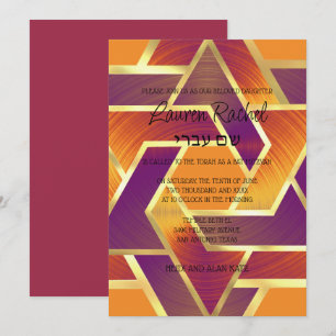 Convites Bat Mitzvah Camadas Estrelas de David Purple Red