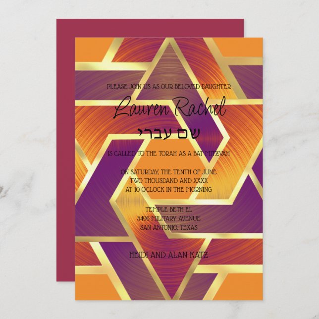 Convites Bat Mitzvah Camadas Estrelas de David Purple Red (Frente/Verso)