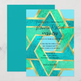 Convites Bat Mitzvah Camadas Estrelas de David Turquoise Aq