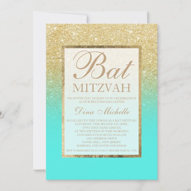 Convites Bat Mitzvah, chic teal aqua elegante e Dourada (Frente)