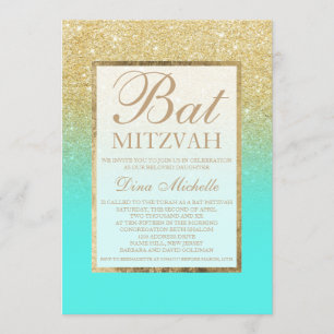 Convites Bat Mitzvah, chic teal aqua elegante e Dourada