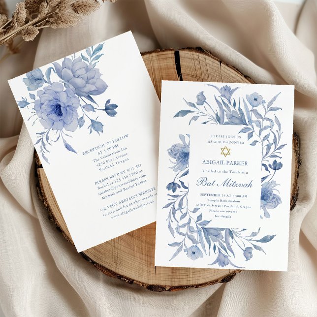 Convites Bat Mitzvah | Chinoiserie Floral Azul e Branca (Criador carregado)