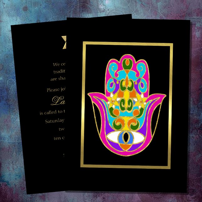 Convites Bat Mitzvah Coloful Hamsa com Trim Dourado (Criador carregado)