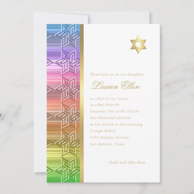 Convites Bat Mitzvah Colorful Rainbow Star Damask (Frente)