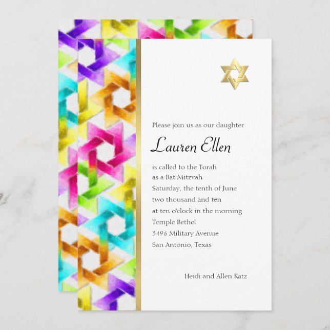 Convites Bat Mitzvah Colorful Star Damask (Frente/Verso)