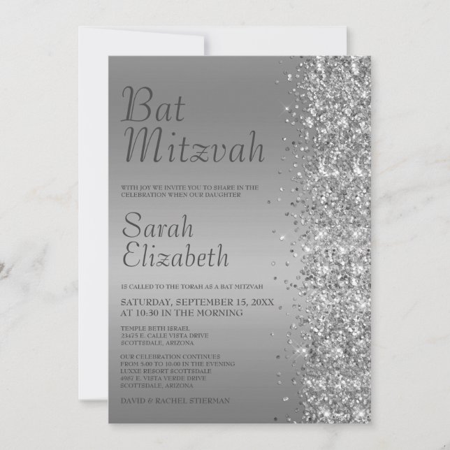 Convites Bat Mitzvah com Brilho Prateado (Frente)