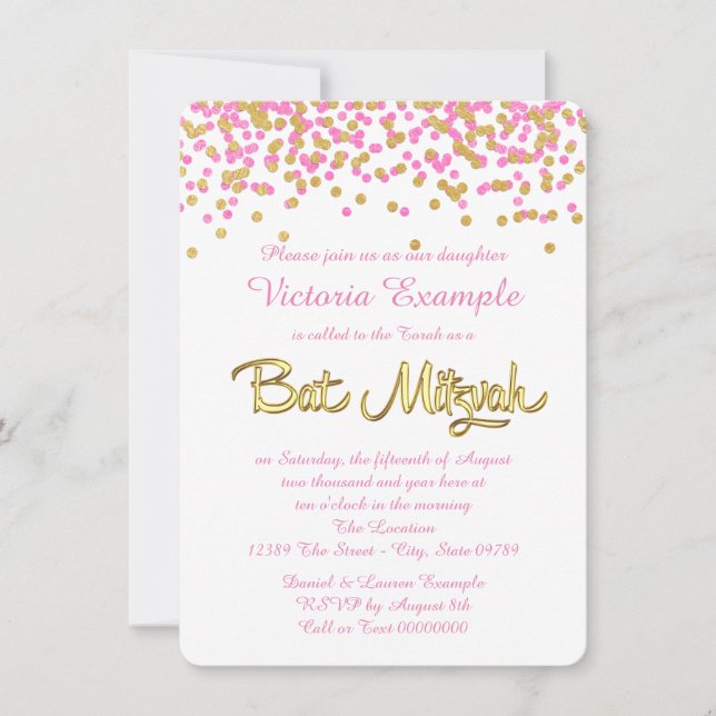 Convites Bat Mitzvah com Confetes Rosa e Dourado (Frente)