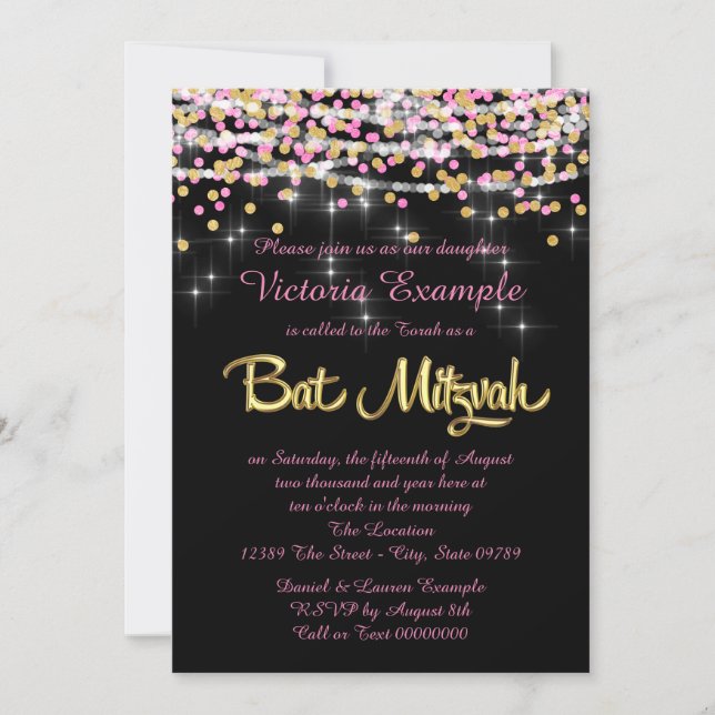 Convites Bat Mitzvah com Confetes Rosa e Dourado (Frente)
