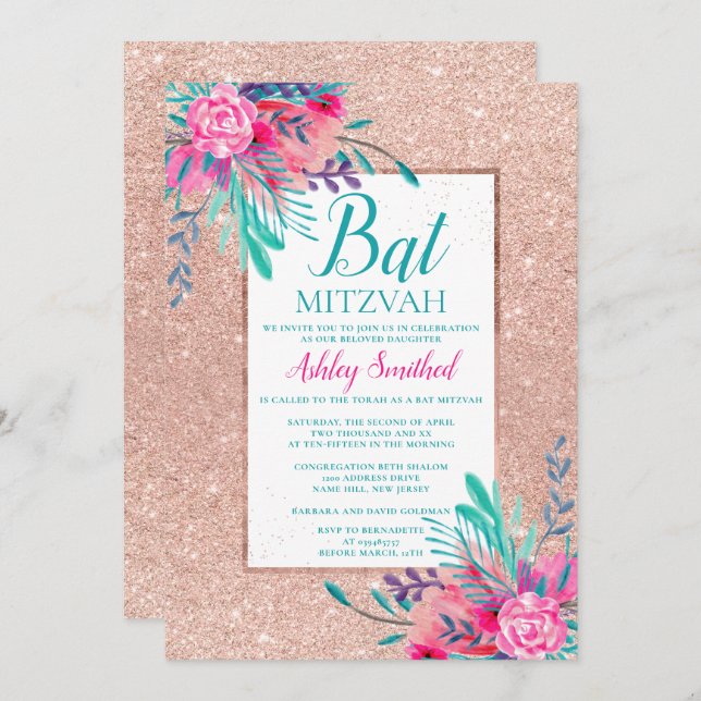 Convites Bat Mitzvah com flores em glitter dourado-rosa em  (Frente/Verso)