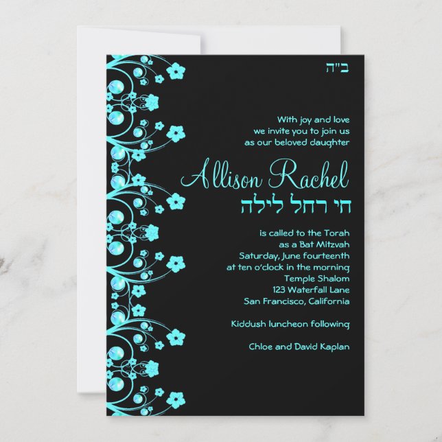 Convites Bat Mitzvah Convida Flores Allison Preto/Azul (Frente)
