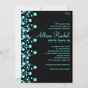 Convites Bat Mitzvah Convida Flores Allison Preto/Azul