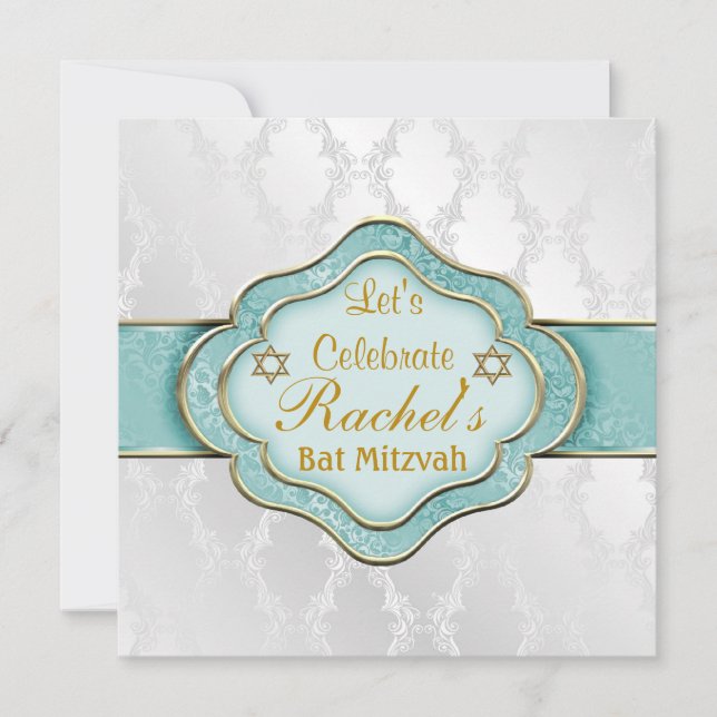 Convites Bat Mitzvah Convida MINHA ELEGANTE VERDE Damask (Frente)