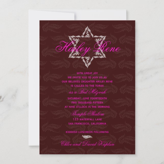 Convites Bat Mitzvah Convoca Hailey com Damask Maroon (Frente)