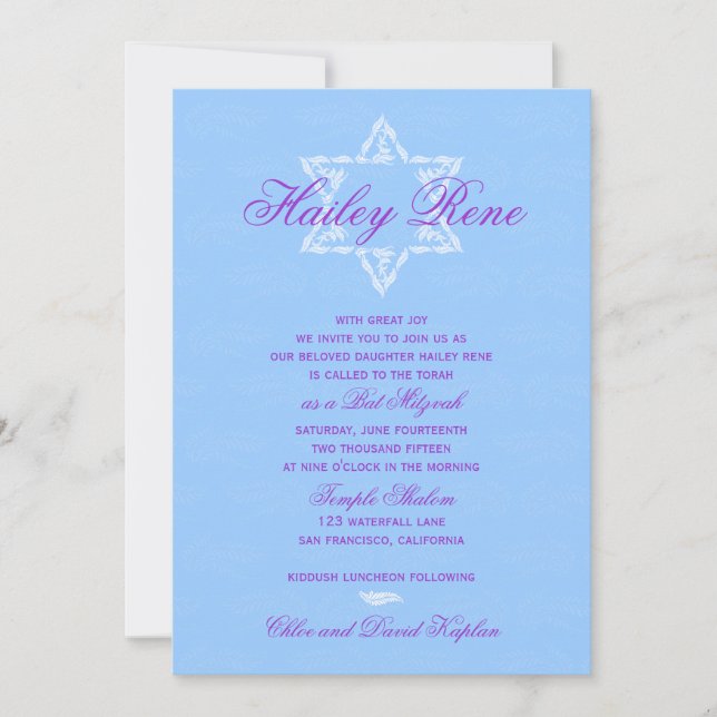 Convites Bat Mitzvah Convoca o Diário com Azul Damask (Frente)