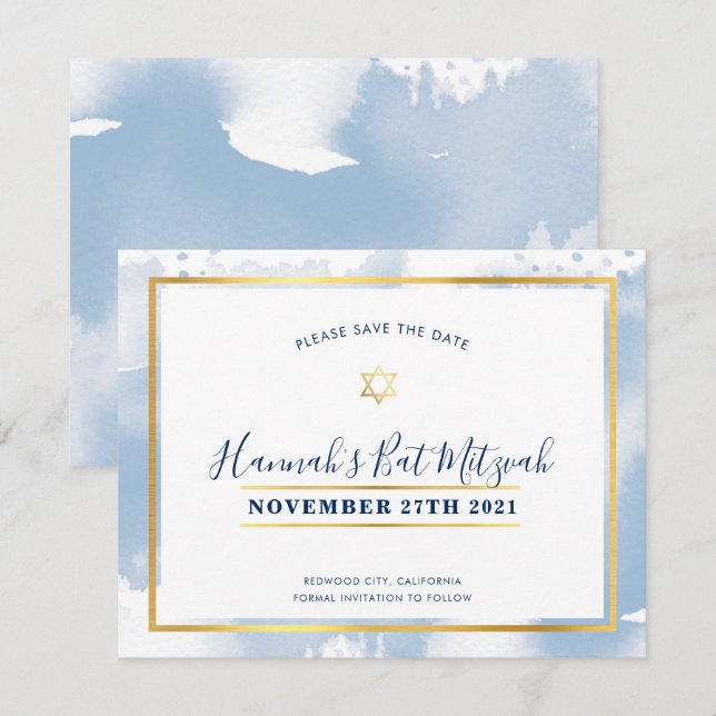 Convites BAT MITZVAH - cor azul-d-água, exceto a data (Frente/Verso)