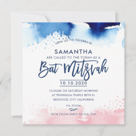 Convites BAT MITZVAH, cor-de-água azul e rosa, com letra ma