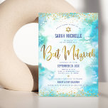 Convites Bat Mitzvah - cor-de-água da turquesa de ouro mode<br><div class="desc">Tenha orgulho, alegria e mostre este marco do seu Bat Mitzvah favorito! Enviar este espantoso, moderno, farelo de ouro cintilante e pontos brilhantes e um roteiro de tipografia contra um fundo de aquarela turquesa, convite personalizado para um evento para lembrar. Personalize o texto personalizado com o nome, a data e...</div>