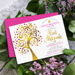 Convites Bat Mitzvah, cor-de-rosa, Árvore de Escrito em Our<br><div class="desc">Tenha orgulho, alegria e mostre este marco do seu Bat Mitzvah favorito! Esta falso folha de ouro gráfica com cor-de-rosa cintilante, laranja e Estrela vermelha de David e "folhas" de ponto em fundo branco é o convite perfeito para esta ocasião especial. Uma pequena estrela vermelha escura do padrão David sobre...</div>